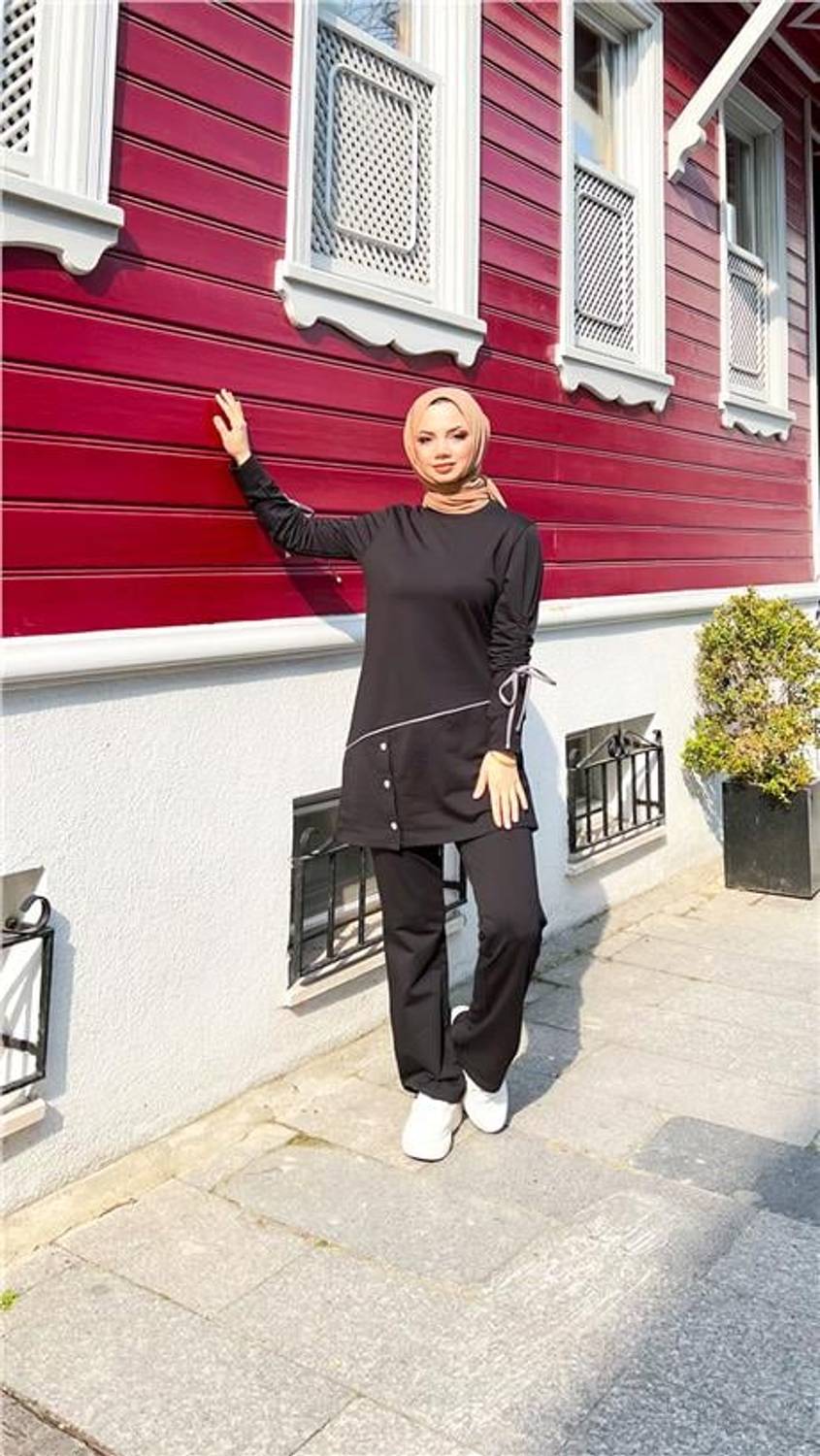 Koldan Bağcıklı Şeritli Çıtçıtlı İkili Tesettür Eşofman Takımı - 71180.003 - Siyah