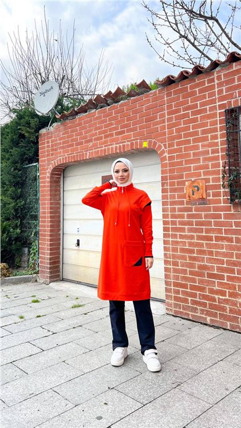 بنطال سويت طويل بجيوب فردية وسحاب نصفي – طقم رياضي محتشم – برتقالي – متوفر بالمقاسات 38-46