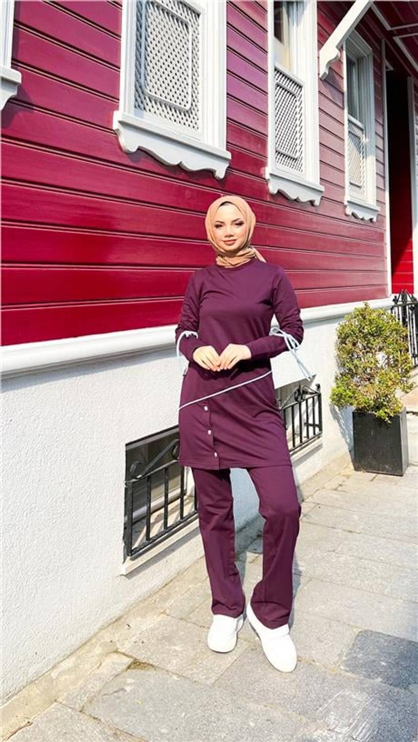 Koldan Bağcıklı Şeritli Çıtçıtlı İkili Tesettür Eşofman Takımı - 71180.020 - Mürdüm