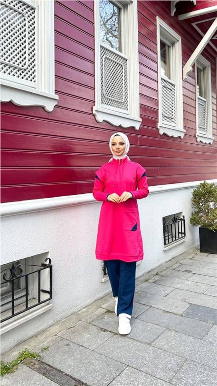 سروال رياضي نصف بسحاب بجيب واحد، طقم تصاميم محتشمة بلون فوشيا متوفر بمقاسات متعددة