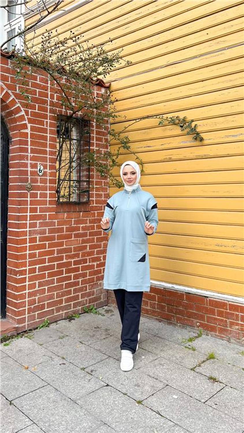 سروال رياضي نص فيرتائي بجيب واحد مجموعة ملابس محجبات باللون الأزرق الجليدي