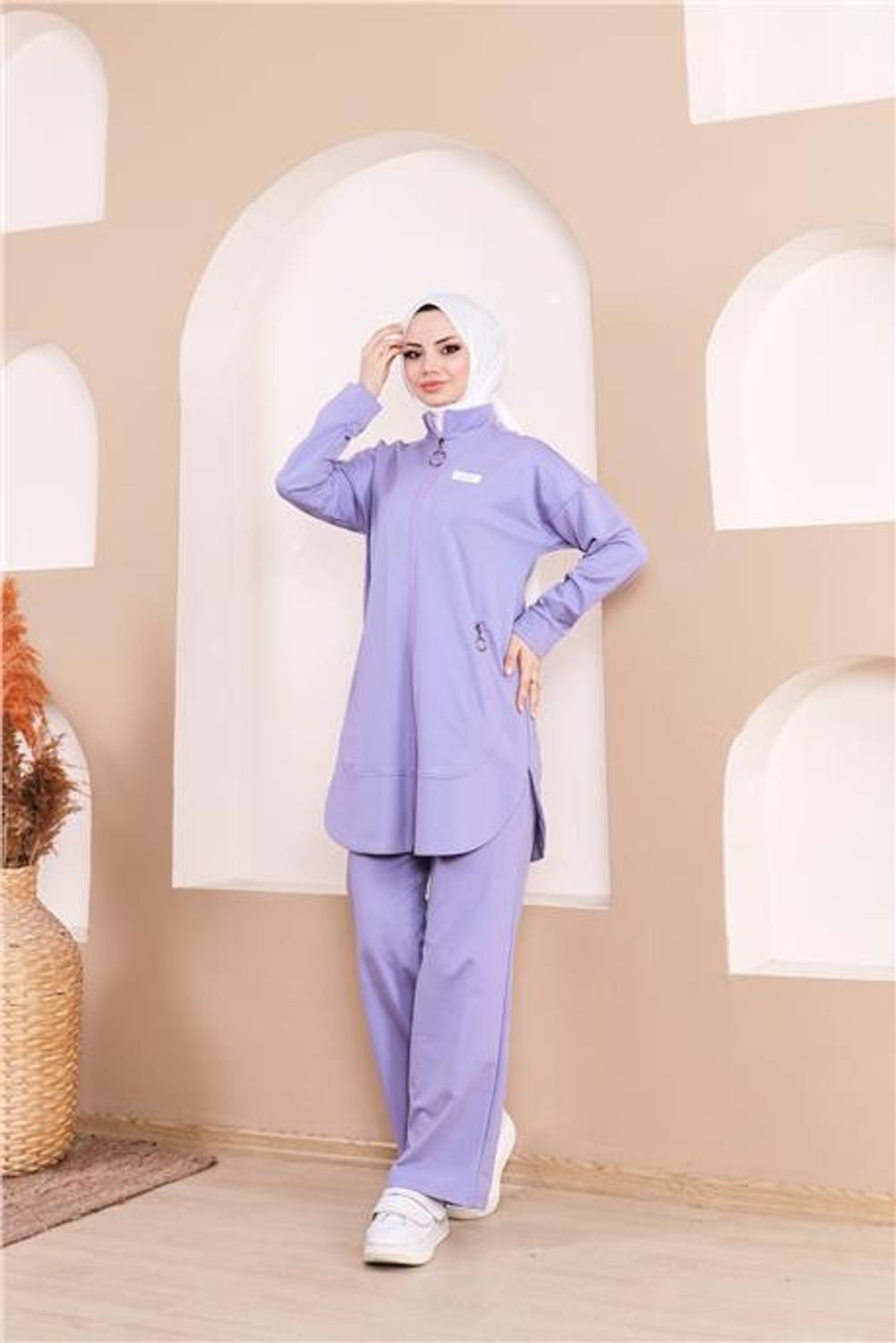 Fermuarlı Cepli Kısa İkili Tesettür Eşofman Takımı - 71182.019 - Lila