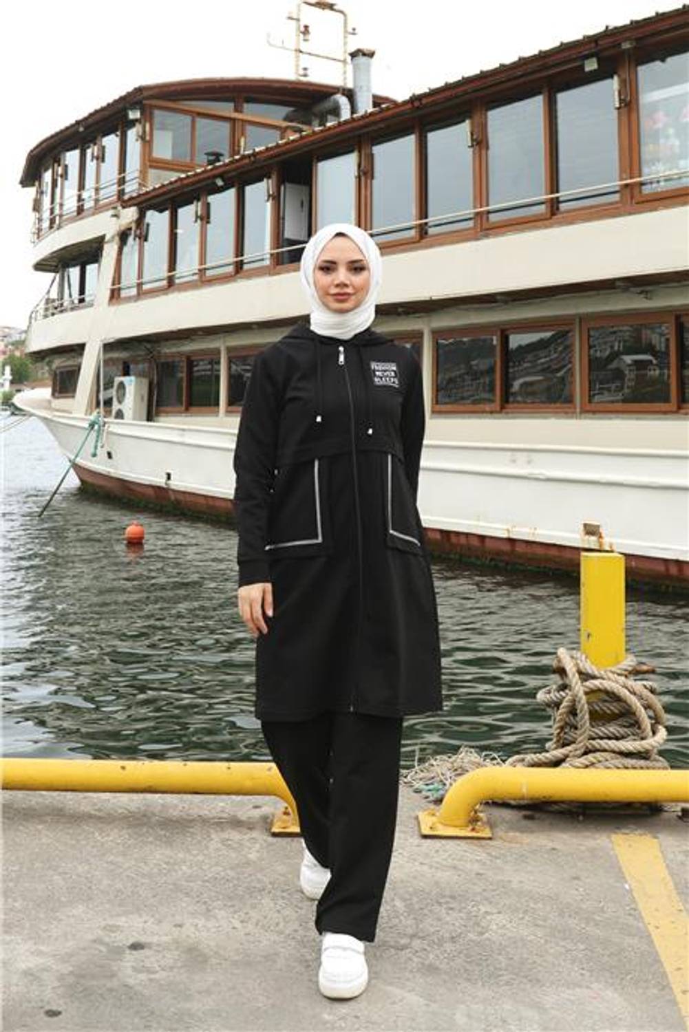 Fermuarlı Cepli Kapşonlu İkili Tesettür Eşofman Takımı - 71184.003 - Siyah