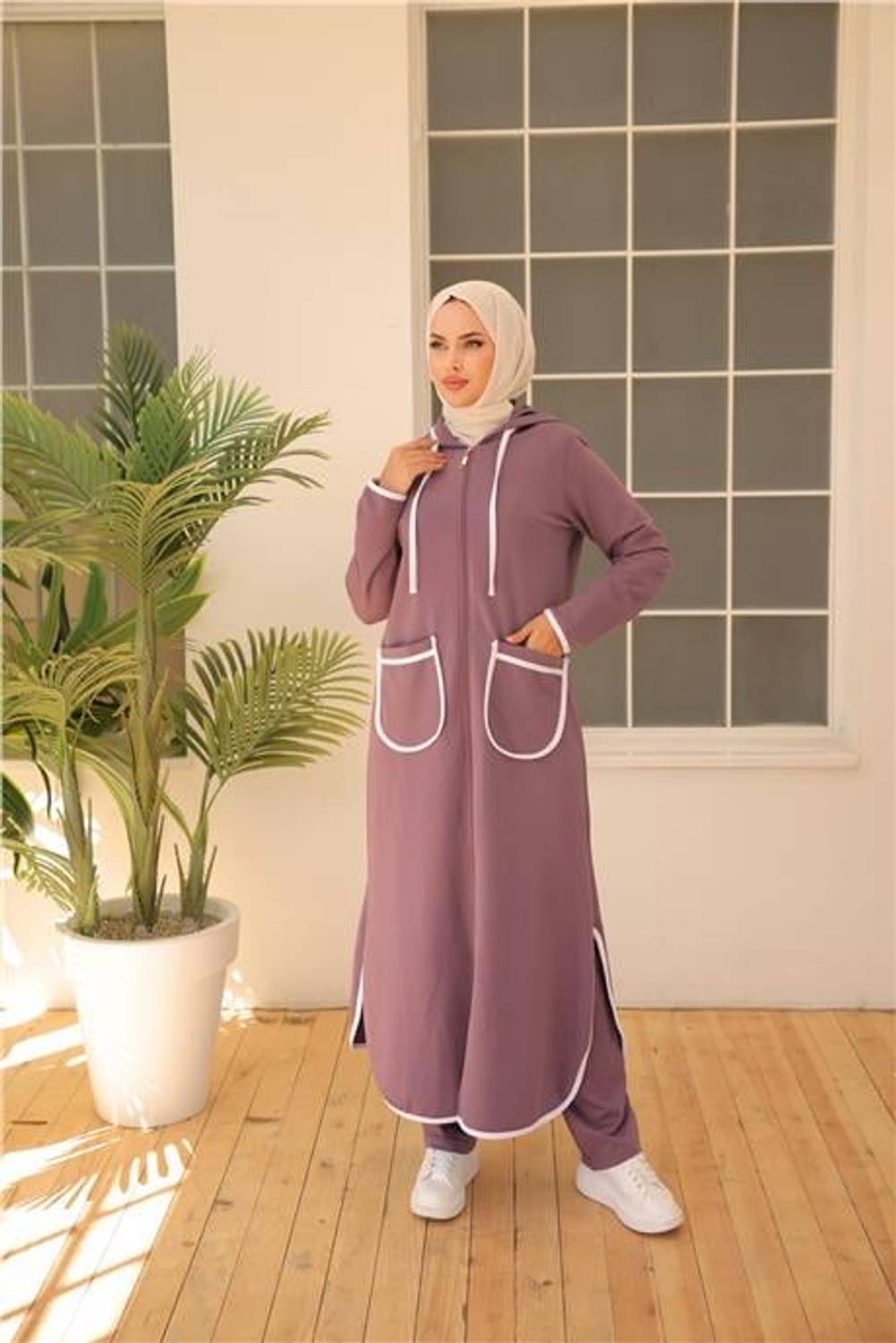 Kapşonlu Fermuarlı Cepli Uzun İkili Tesettür Eşofman Takımı - 71189.207 - Koyu Lila
