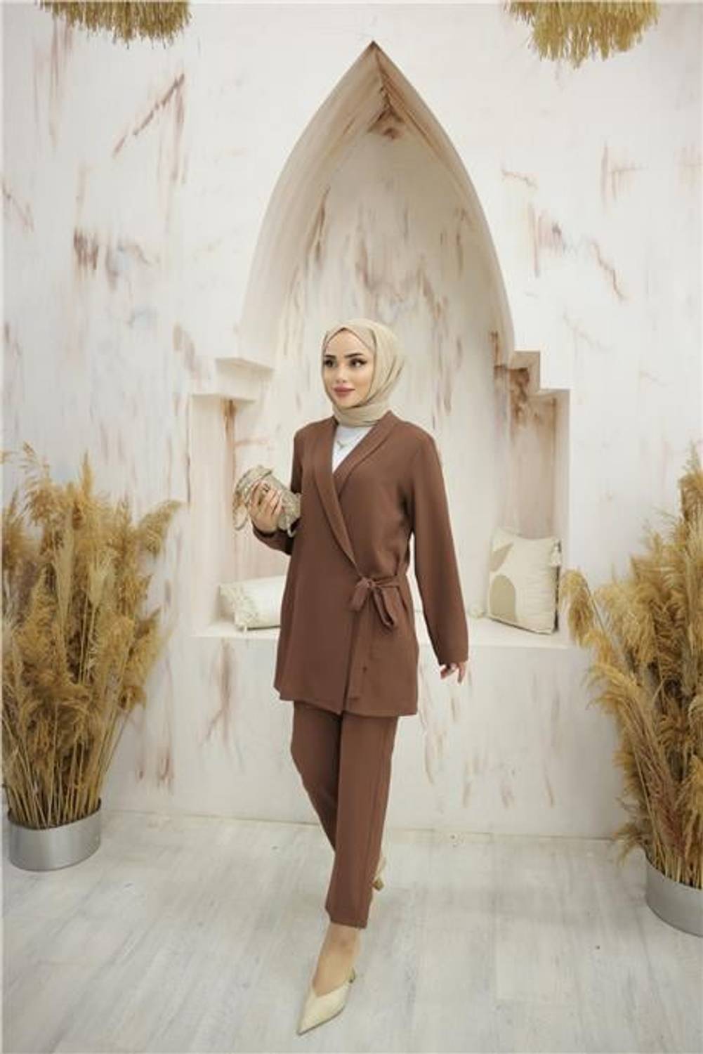 Yandan Bağlamalı Krep Ceket İkili Takım - 71194.028 - Kahverengi