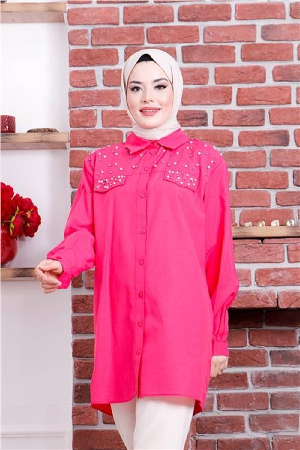 Neşe Taşlı Gömlek - 02087.025 - Fuşya