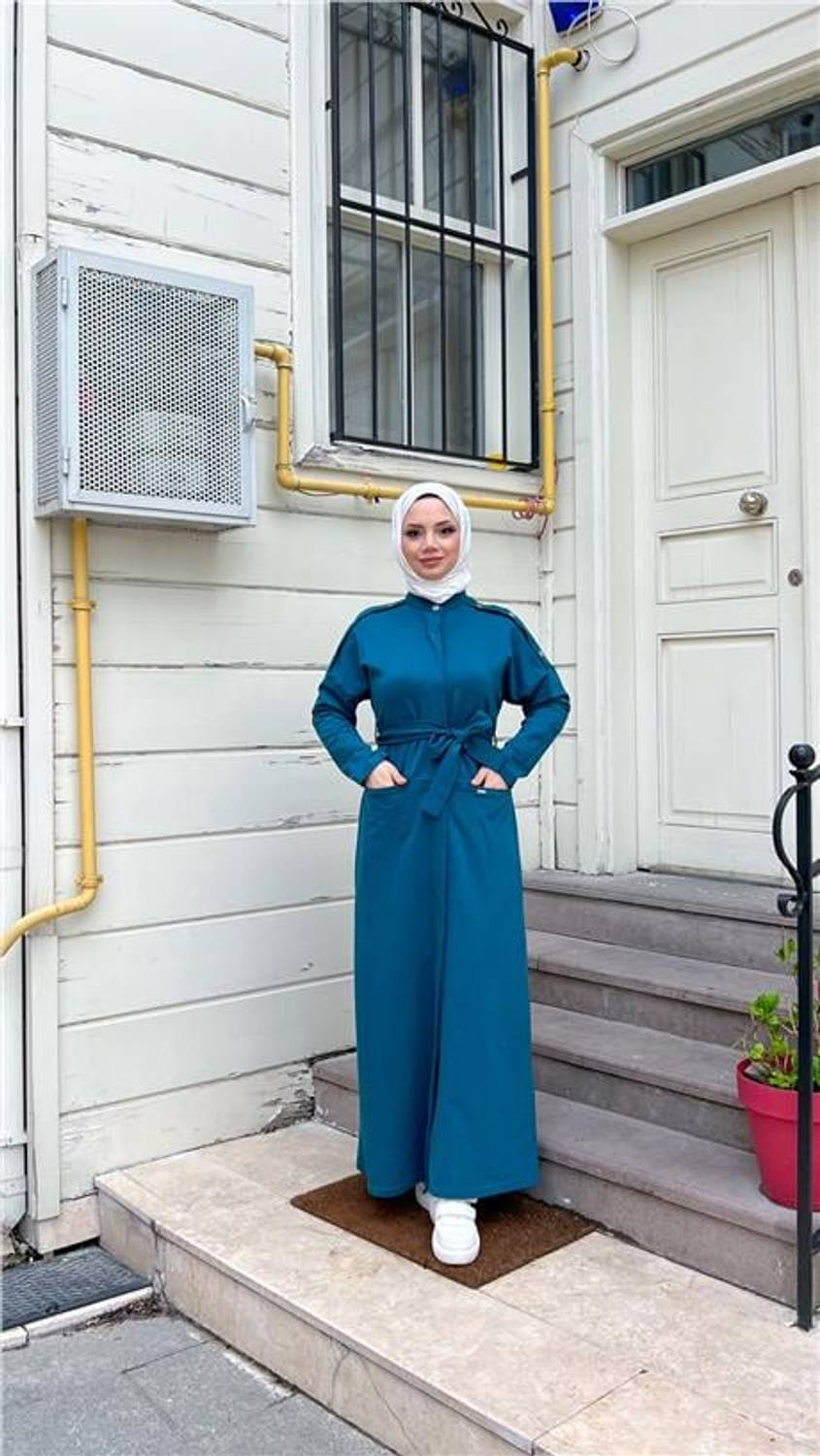 O Yaka Belden Bağlamalı Cepli Pamuklu Uzun Ferace - 71177.033 - Petrol