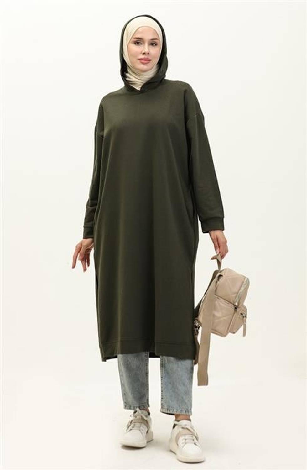 Atlas Kapşonlu Uzun Sade Basic Sweatshirt - 03007.005 - Haki