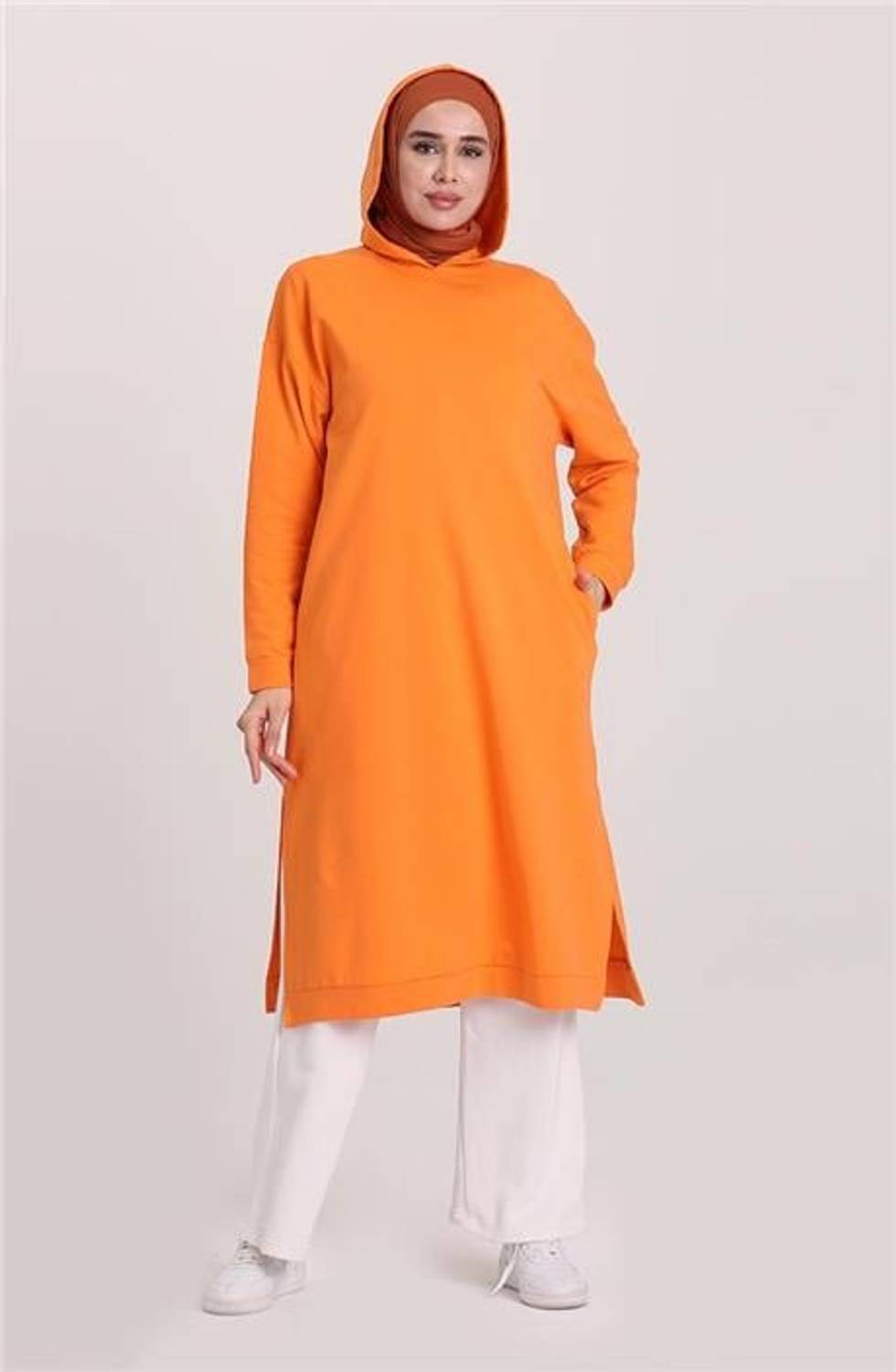 سويت شيرت طويل بأسلوب بسيط مع كابوشون - نمط أطلس - لون برتقالي - مقاسات متعددة