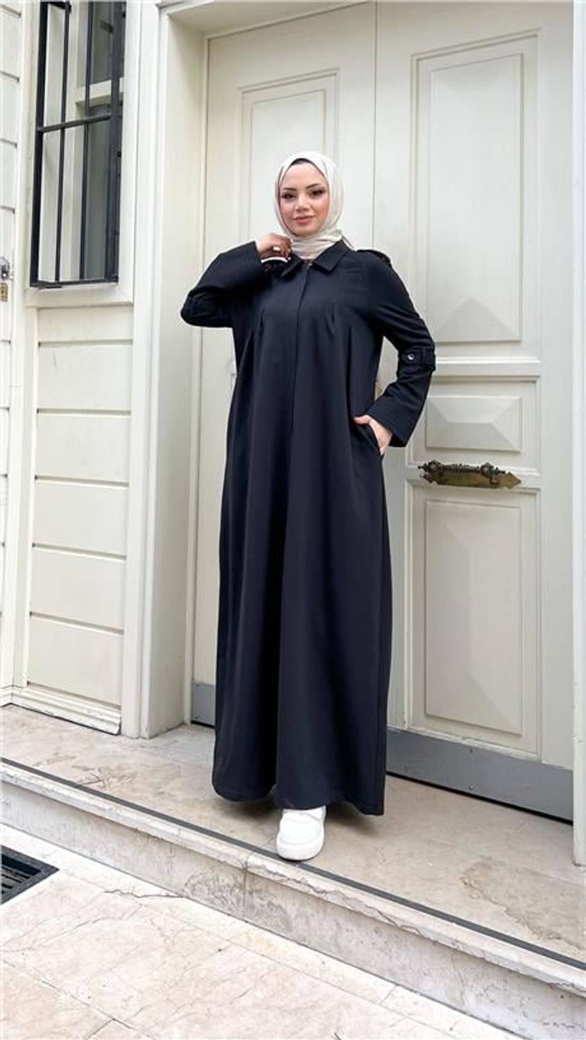 Длинная абая с воротником и поясом из хлопка, черного цвета, размеры 38-46