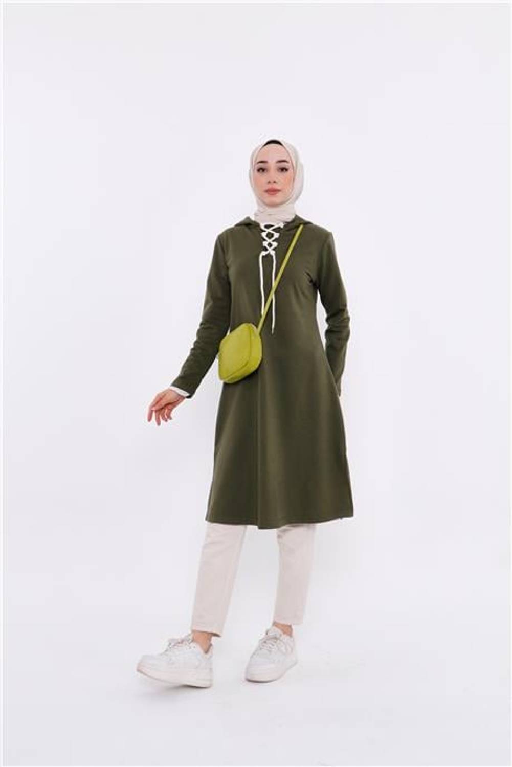 Светр з капюшоном Eflin з зав'язками, довгий, кольору хаки, доступний в розмірах 38-48