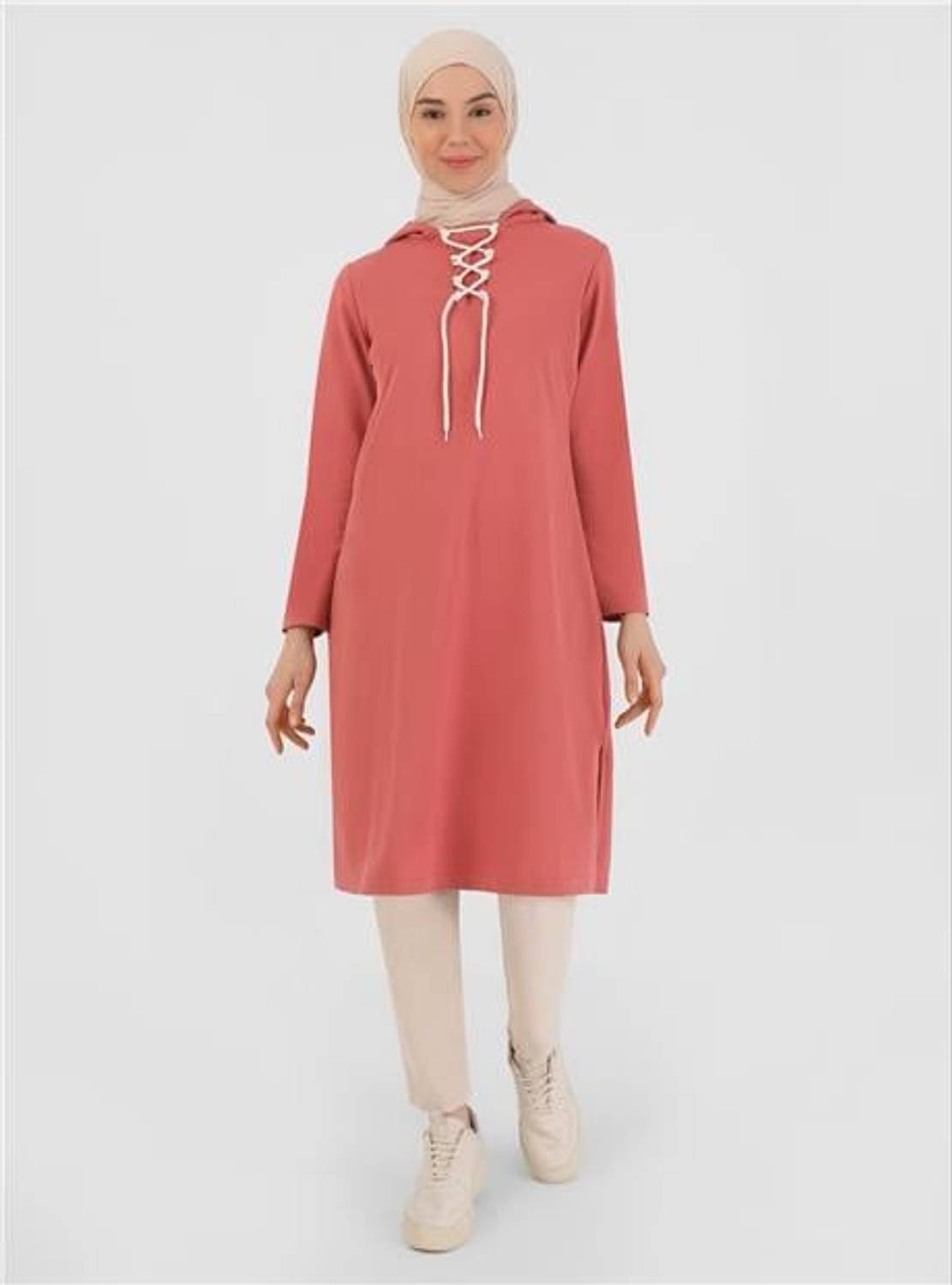 Светшот Eflin з капюшоном на зав'язках, довгий, рожевий, розміри 38-48