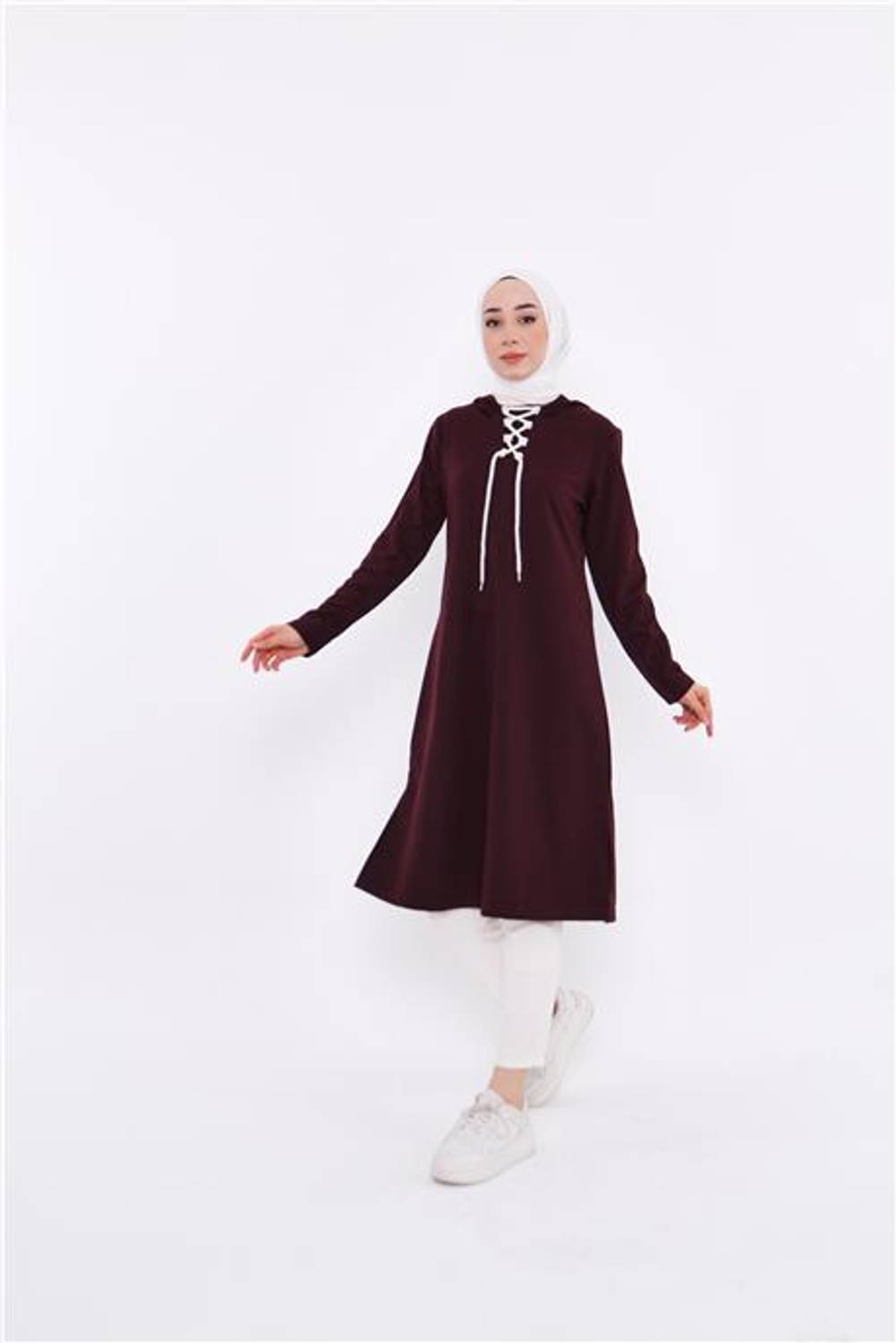 Светшот Eflin з капюшоном, з зав'язкою, довгий - пурпурний, розміри 38-48