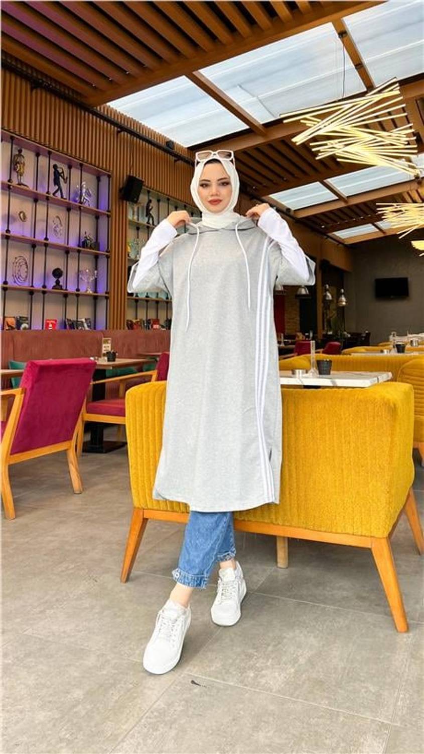 Çam Şeritli İçlikle Kapşonlu Uzun Sweatshirt - 03033.008 - Gri