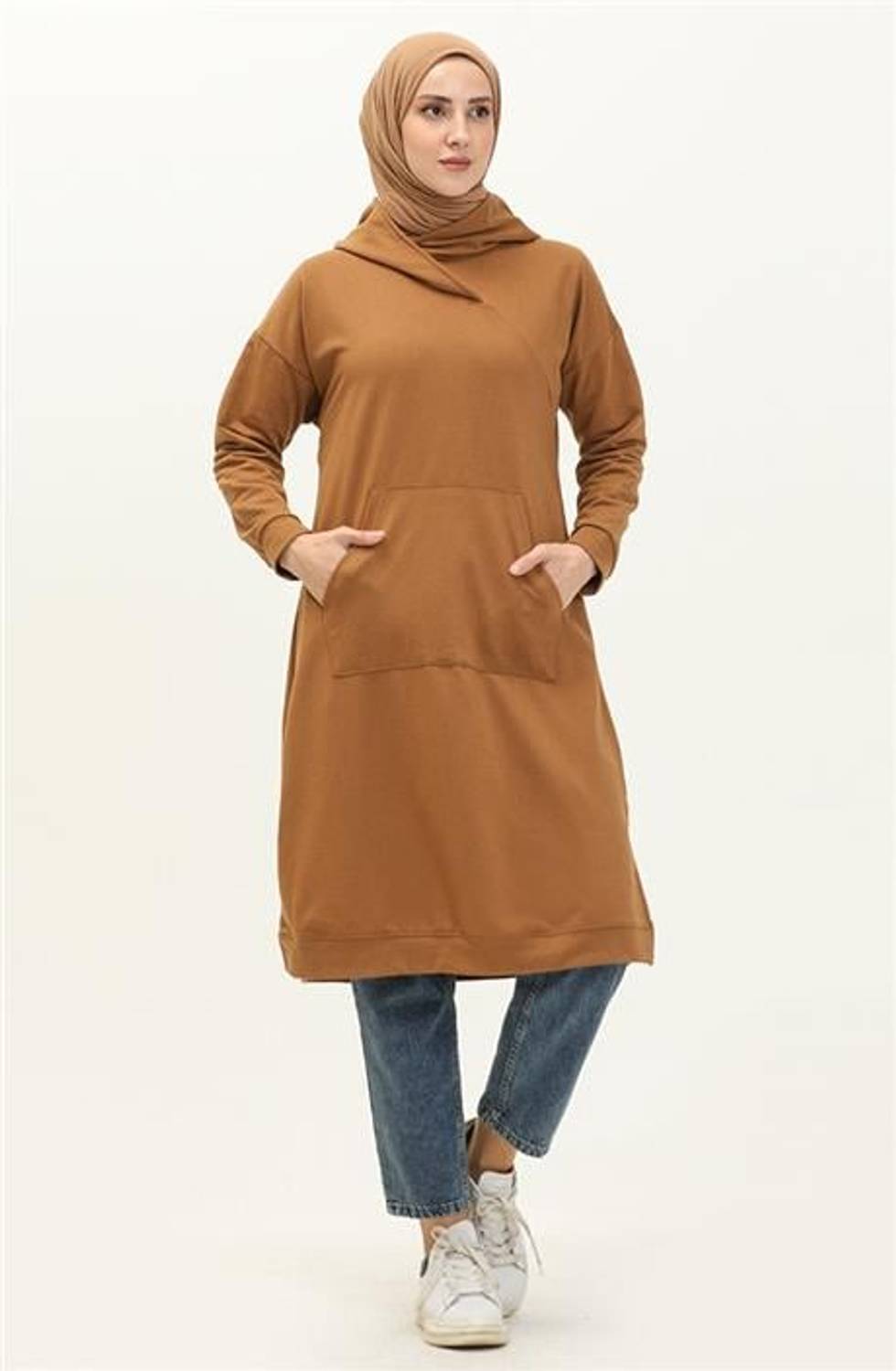 Светшот Aysima з капюшоном та деталями на комірі, простий базовий, коричневий, доступний у розмірах 38-48