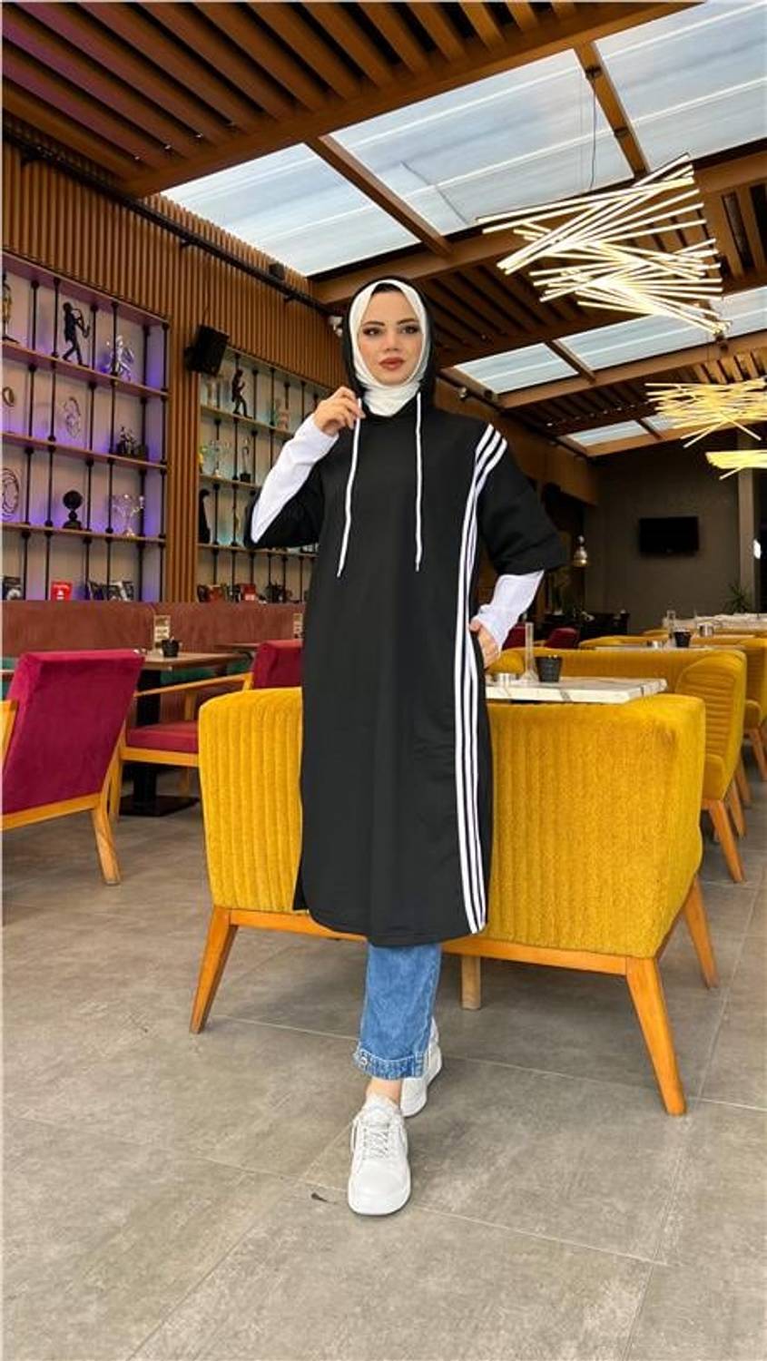 Çam Şeritli İçlikle Kapşonlu Uzun Sweatshirt - 03033.003 - Siyah