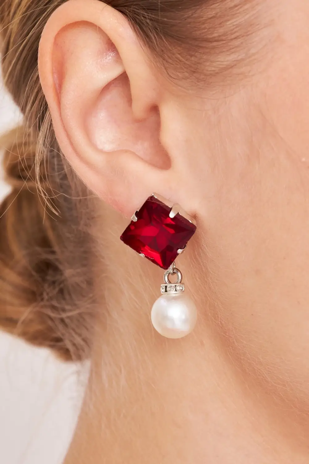 Women's Bosco Claret Red Square Pearl Zircon Stone Hanging Model Silver Plated Dress Combination Daily Earrings