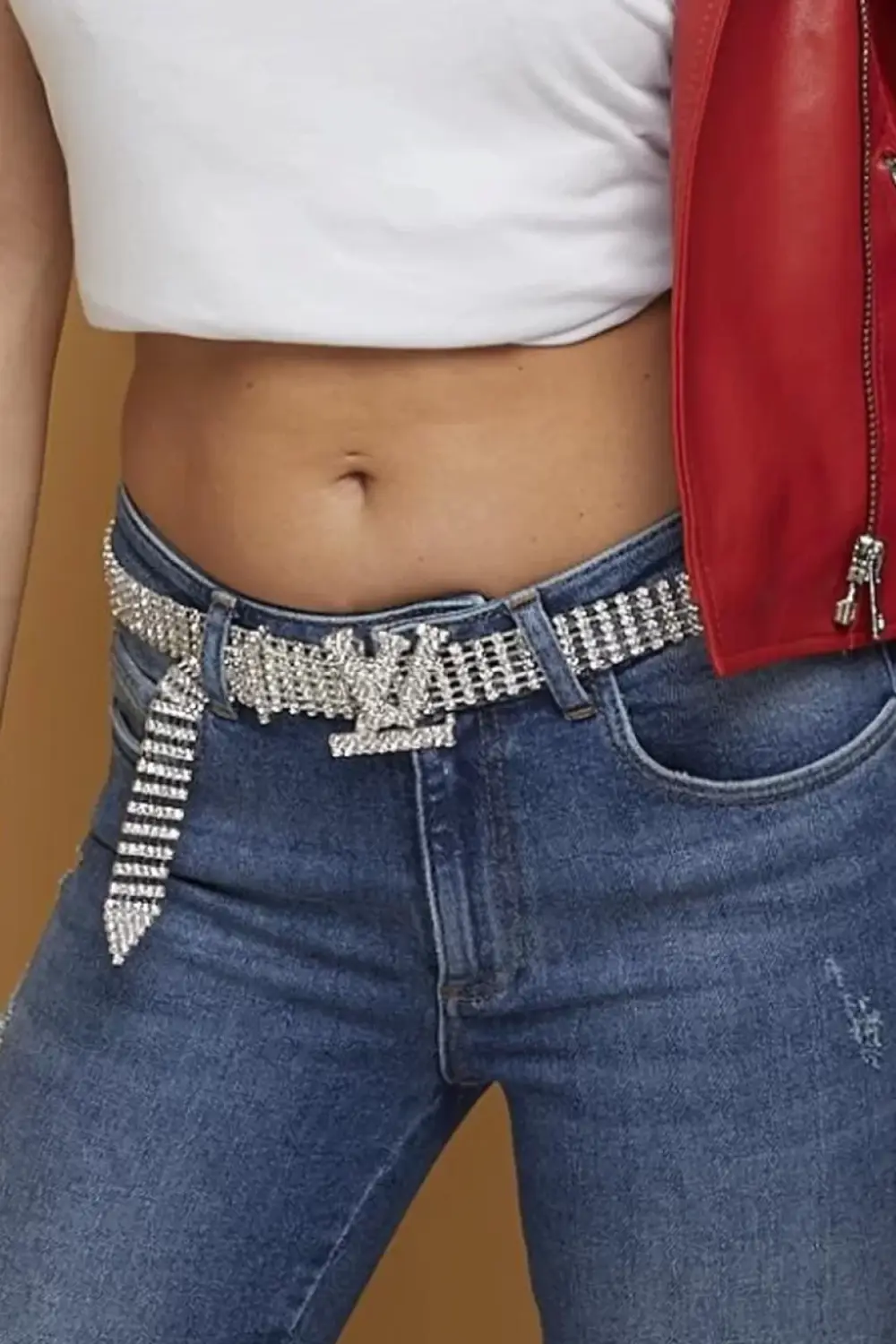 Women's LV Model Stoned Crystal Sparkling Buckle Belt Silver Plated Sporty Chain Evening Dress Belt