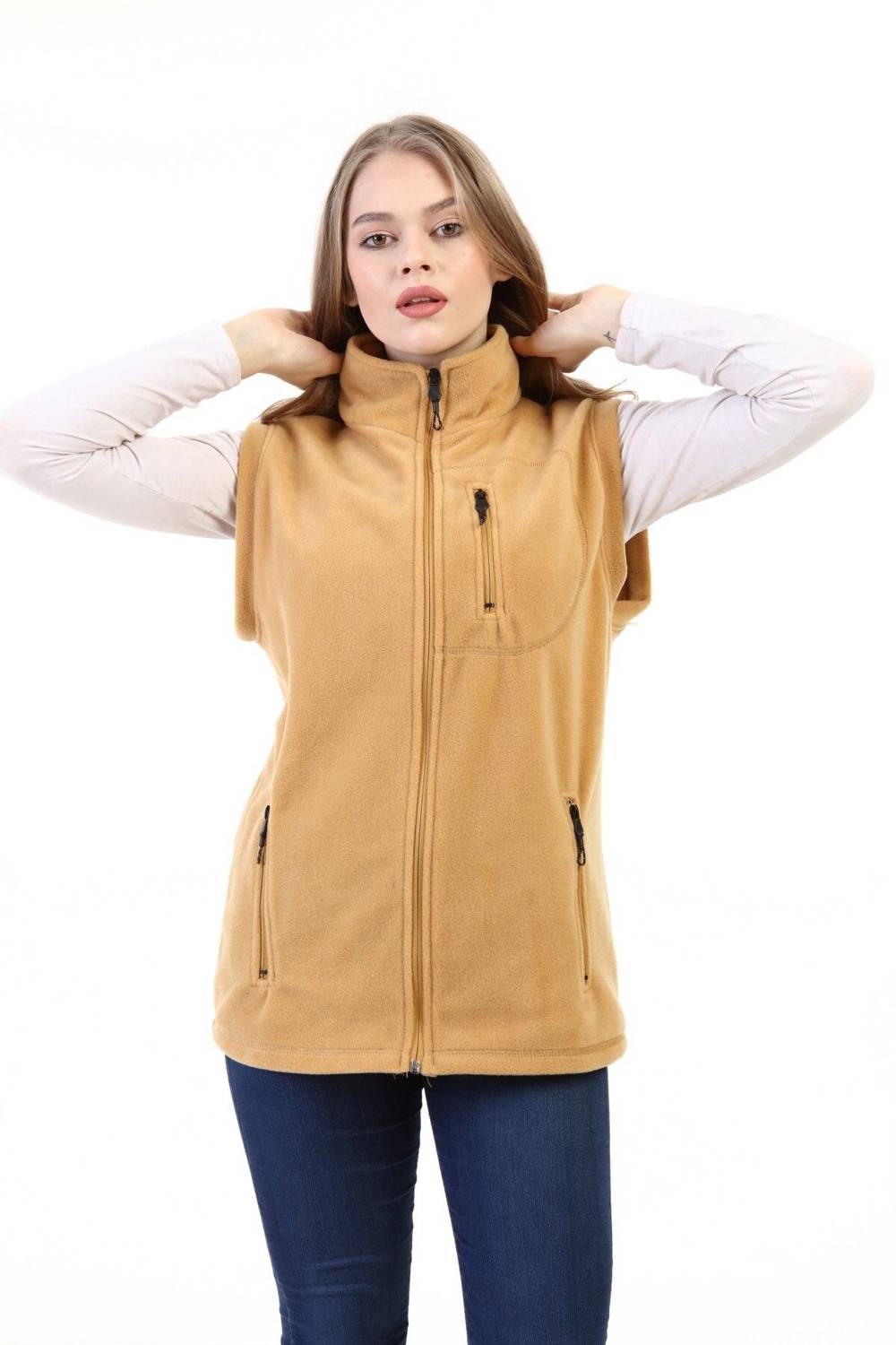 Store Kadın Polar Yelek Tam Fermuarlı Outdoor Spor Yelek 3cepli