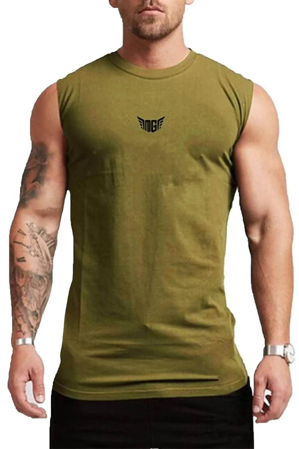 Men's Moisture-Wicking Quick-Dry Athletic Sleeveless Performance T-Shirt in Haki Size S-2XL