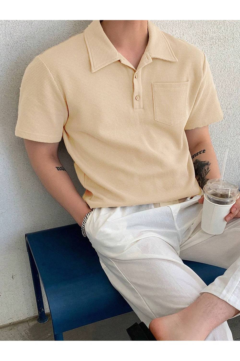 Erkek Oversize Polo Yaka Waffle T-Shirt POLOYAKA-DÜĞMELİ