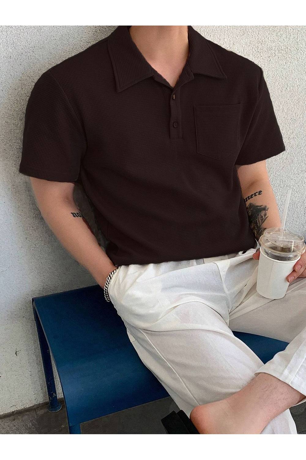 Men's Oversized Polo Collar Waffle T-Shirt with Pocket, 80% Cotton, 20% Polyester, Summer Collection in Brown