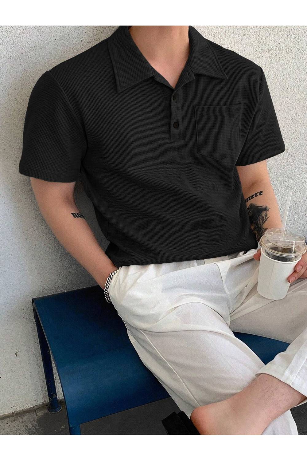 Erkek Oversize Polo Yaka Waffle T-Shirt POLOYAKA-DÜĞMELİ