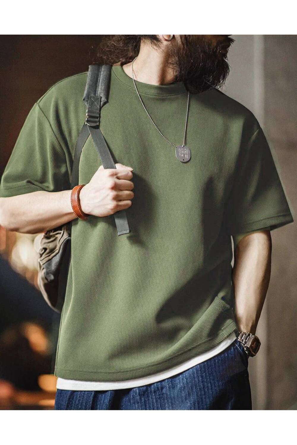 Men's Oversized Short Sleeve Waffle T-Shirt with Crew Neck in Khaki, 80% Cotton, Lightweight Summer Collection, Sizes S to 2XL