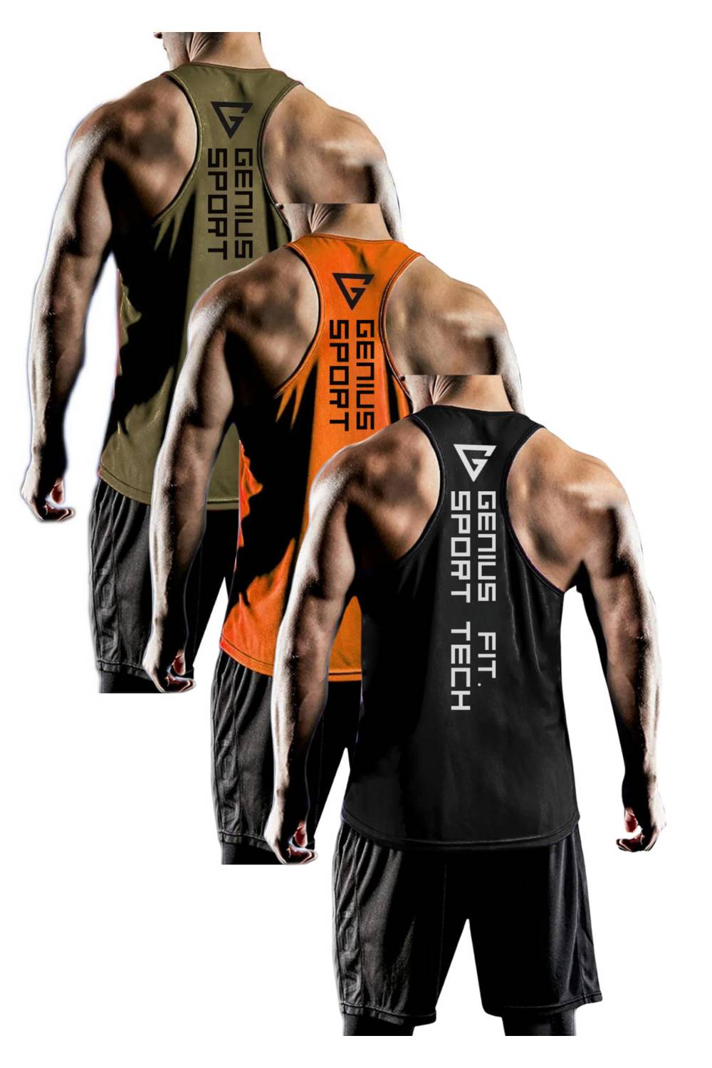 3-Pack Men's Dry Fit Y-Back Gym Fitness Tank Tops in Black-Orange-Olive