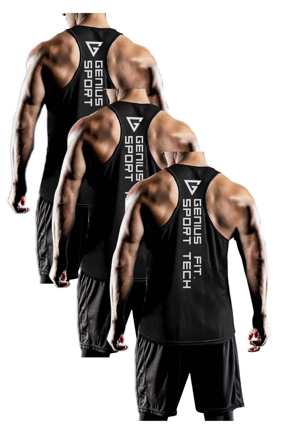 Men's Dry Fit Y-Back Gym Tank Top 3-Pack in Black by GENIUS-FIT3