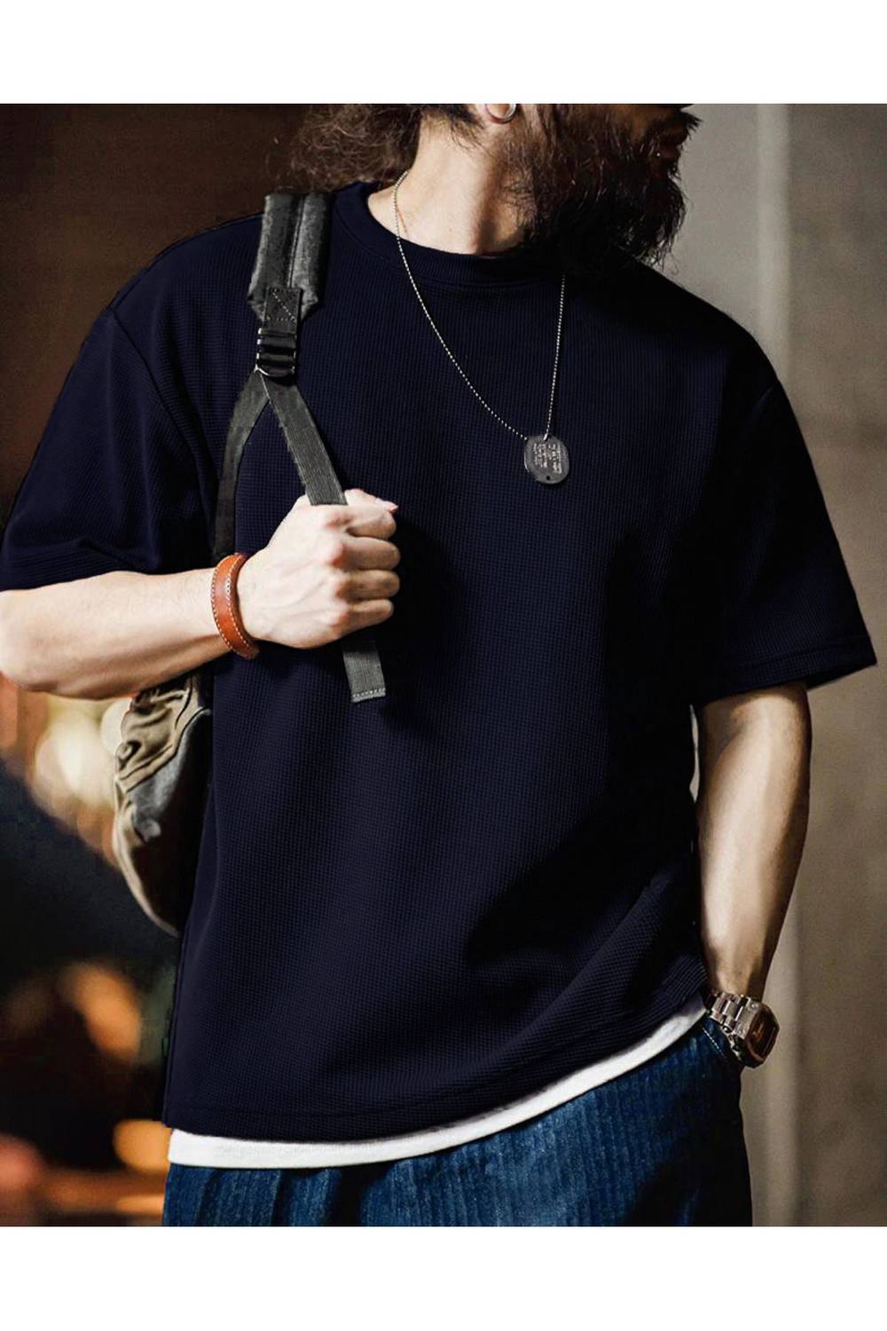 Men's Oversized Short Sleeve Waffle T-Shirt in Navy Blue, 80% Cotton, 20% Polyester, Casual Fit, Summer Collection