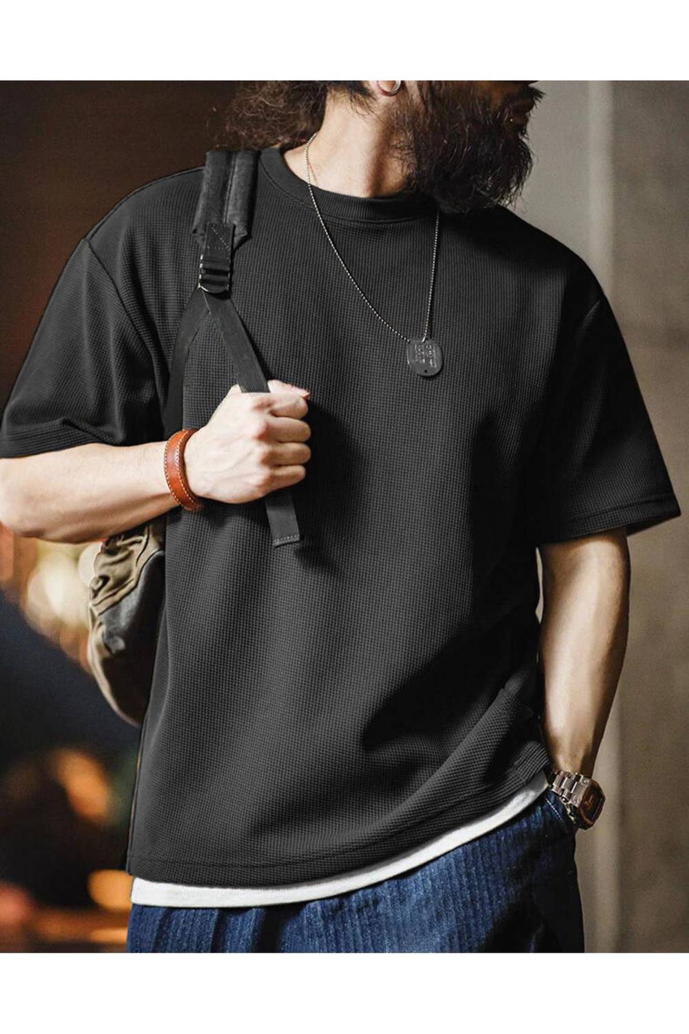 Men's Oversized Black Crew Neck Short Sleeve Waffle T-Shirt in L Size, 80% Cotton, 20% Polyester, Summer Collection