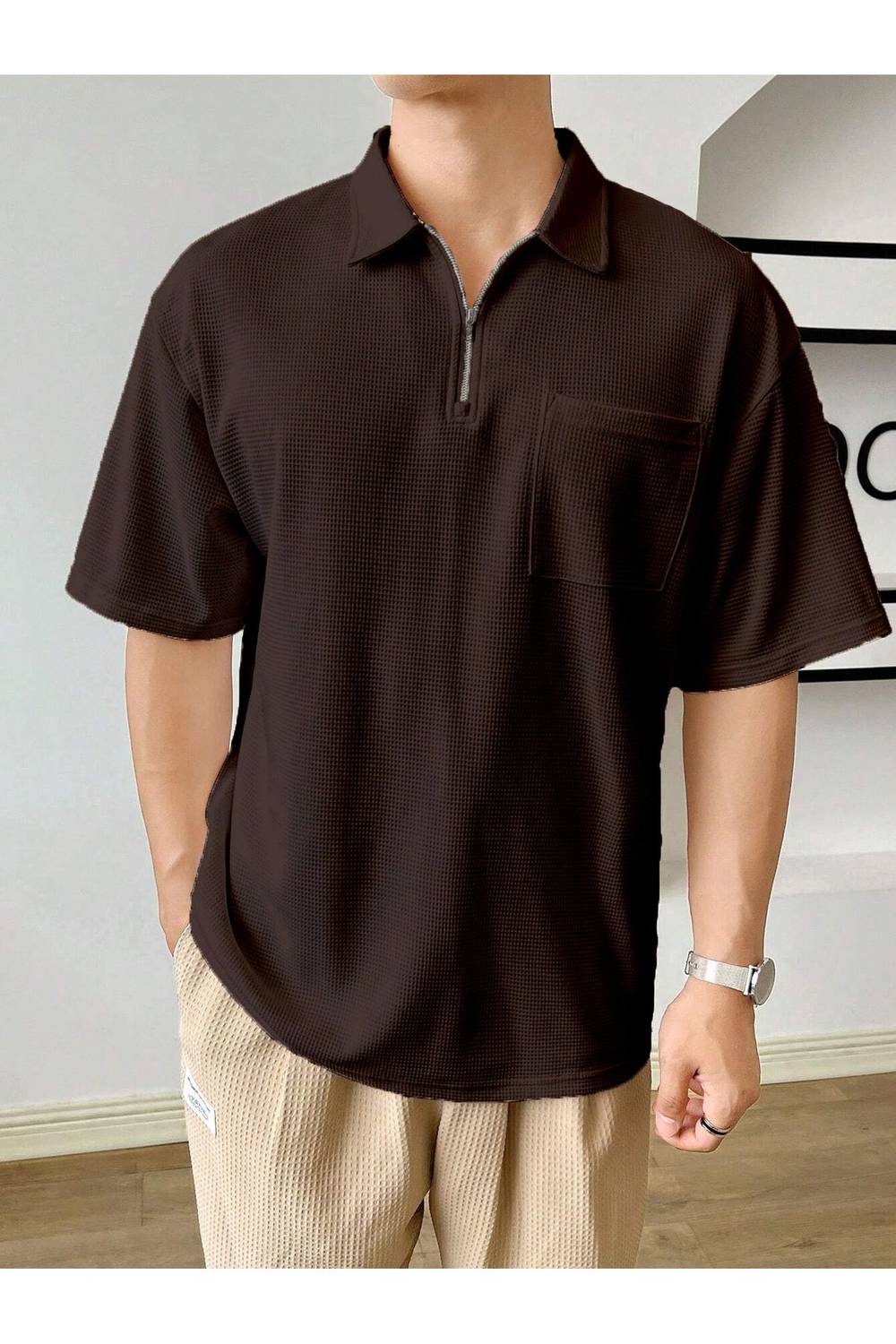 Men's Oversized Polo Collar Waffle T-Shirt with Pocket, 80% Cotton, 20% Polyester, Summer Collection, Available in Multiple Sizes and Brown Color
