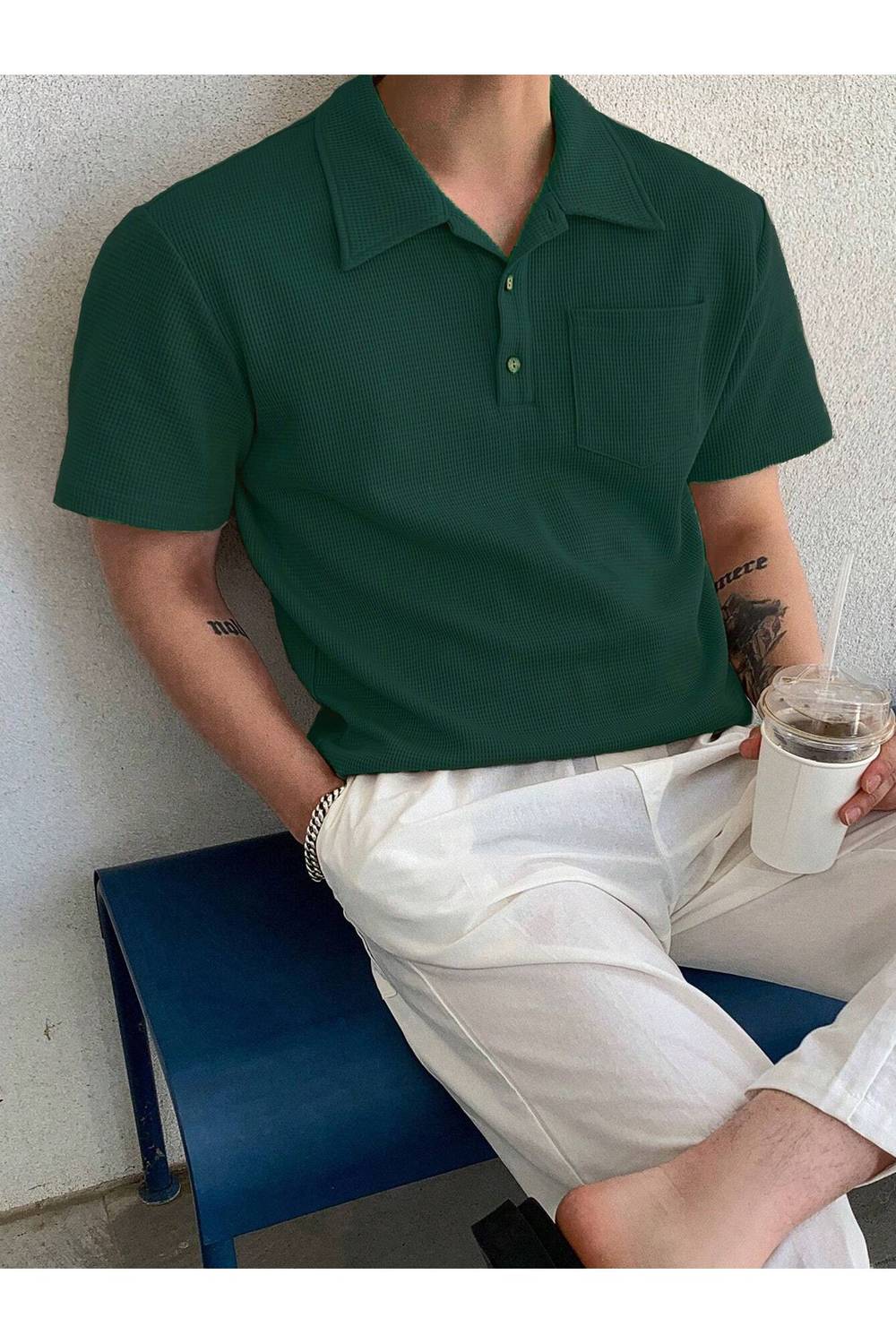 Erkek Oversize Polo Yaka Waffle T-Shirt POLOYAKA-DÜĞMELİ