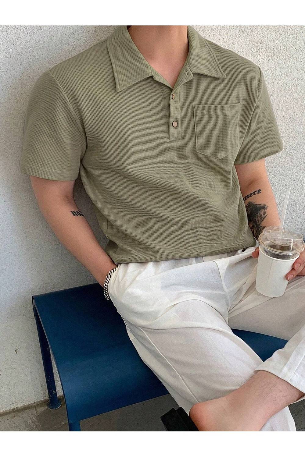 Erkek Oversize Polo Yaka Waffle T-Shirt POLOYAKA-DÜĞMELİ