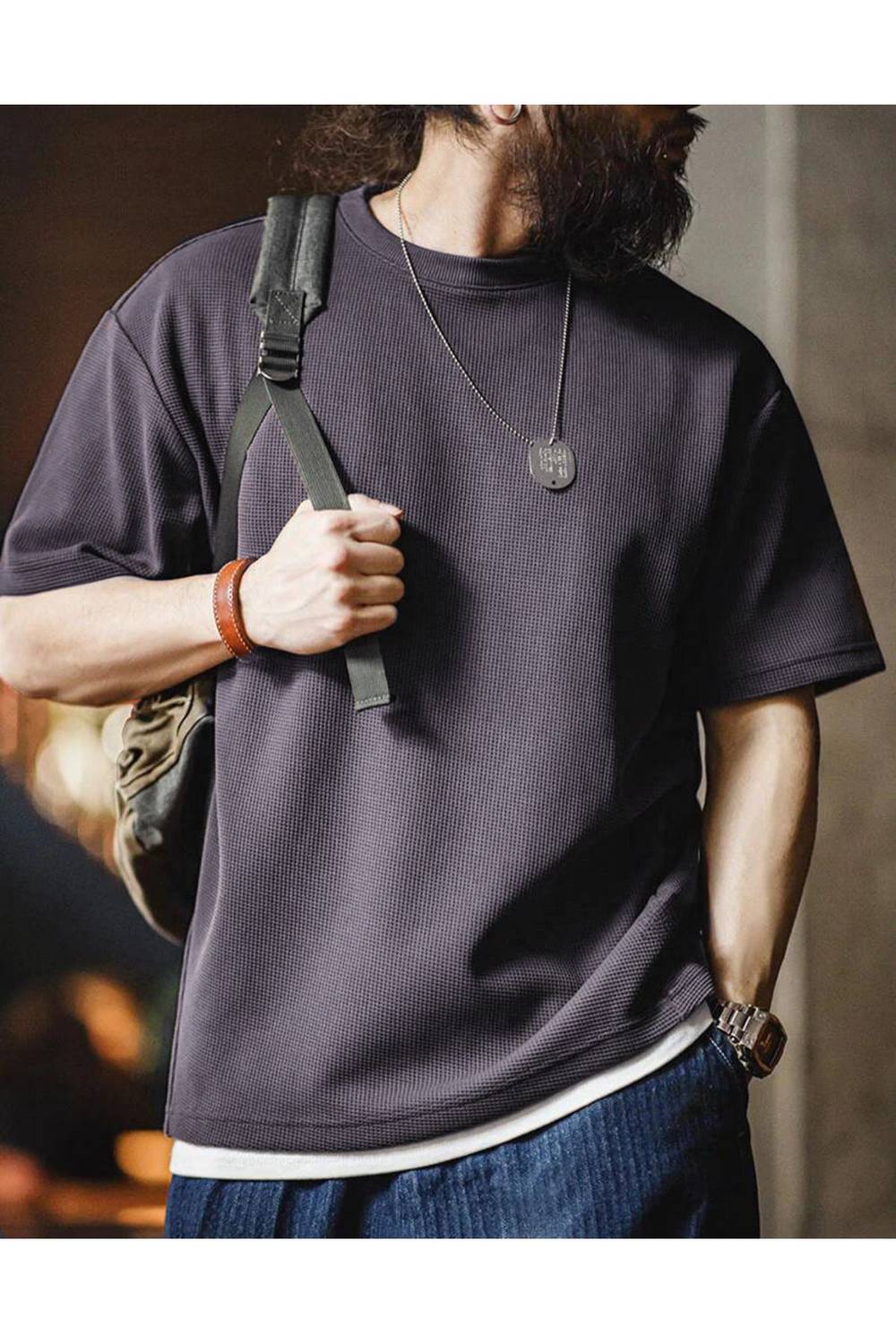 Men's Oversized Short Sleeve Waffle T-Shirt in Fume, 80% Cotton, 20% Polyester, Summer Collection, Size L