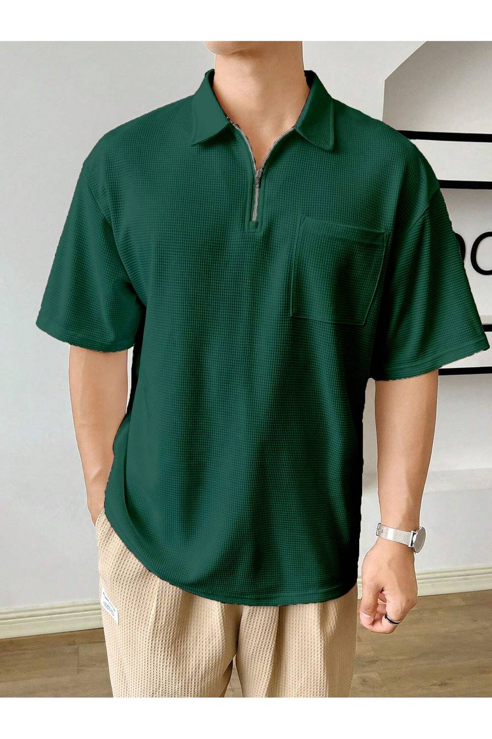 Мужская футболка oversize с поло и карманом, 80% хлопок, 20% полиэстер, летняя коллекция, доступна в размере L, цвет: нефть