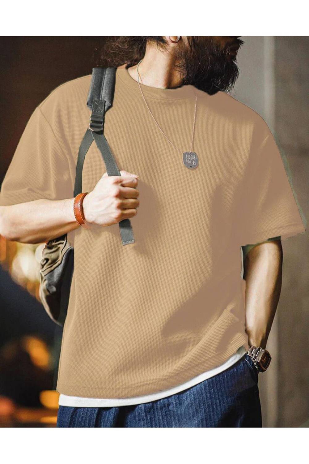 تيشيرت وافل بيجامة رجالي بقلنسوة قصيرة الأكمام بتصميم فضفاض من القطن والبوليستر بلون البيج