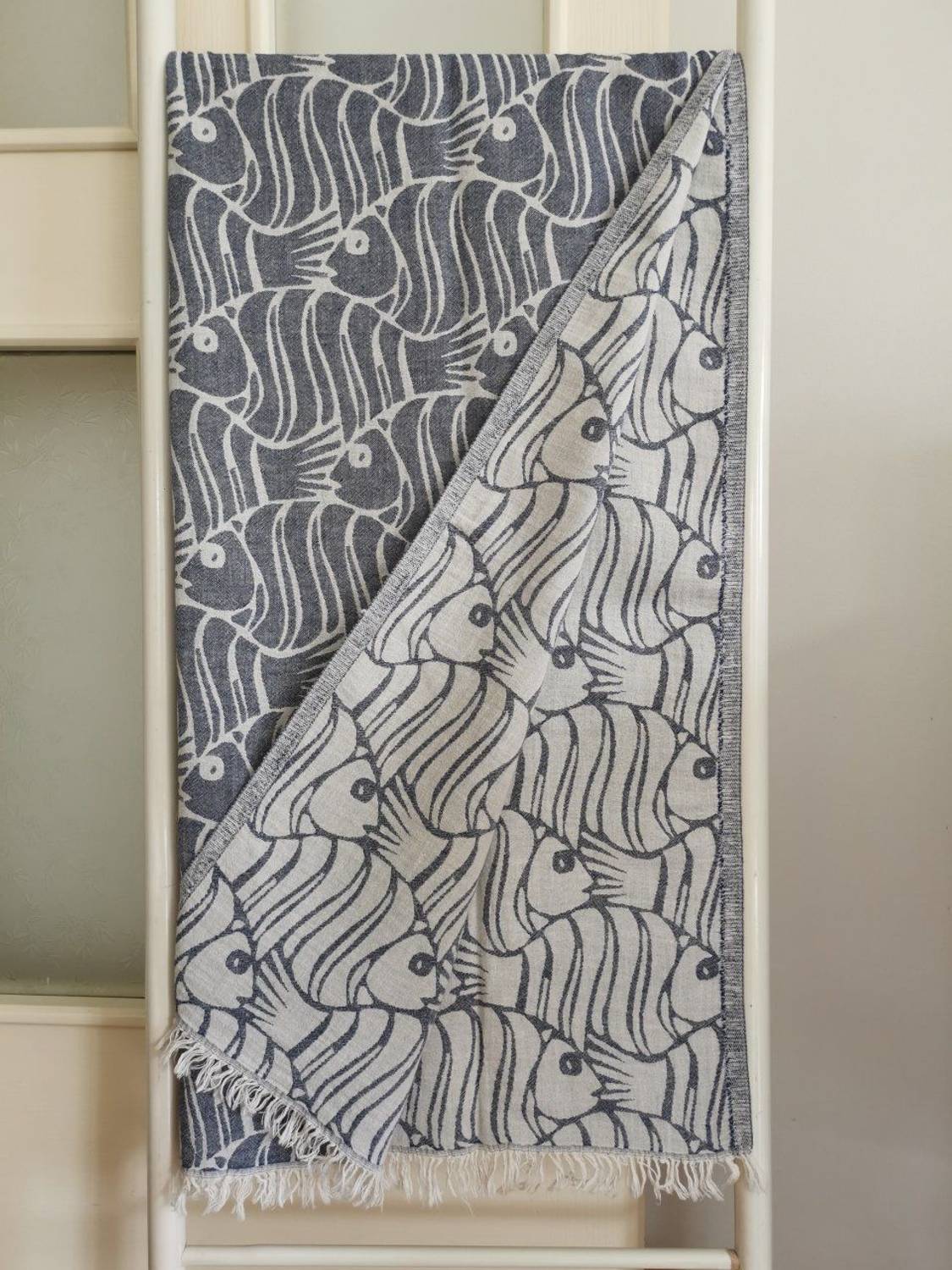 Peshtemal, Bath Towel, Beach Towel, Double Layer Fish Navy Blue