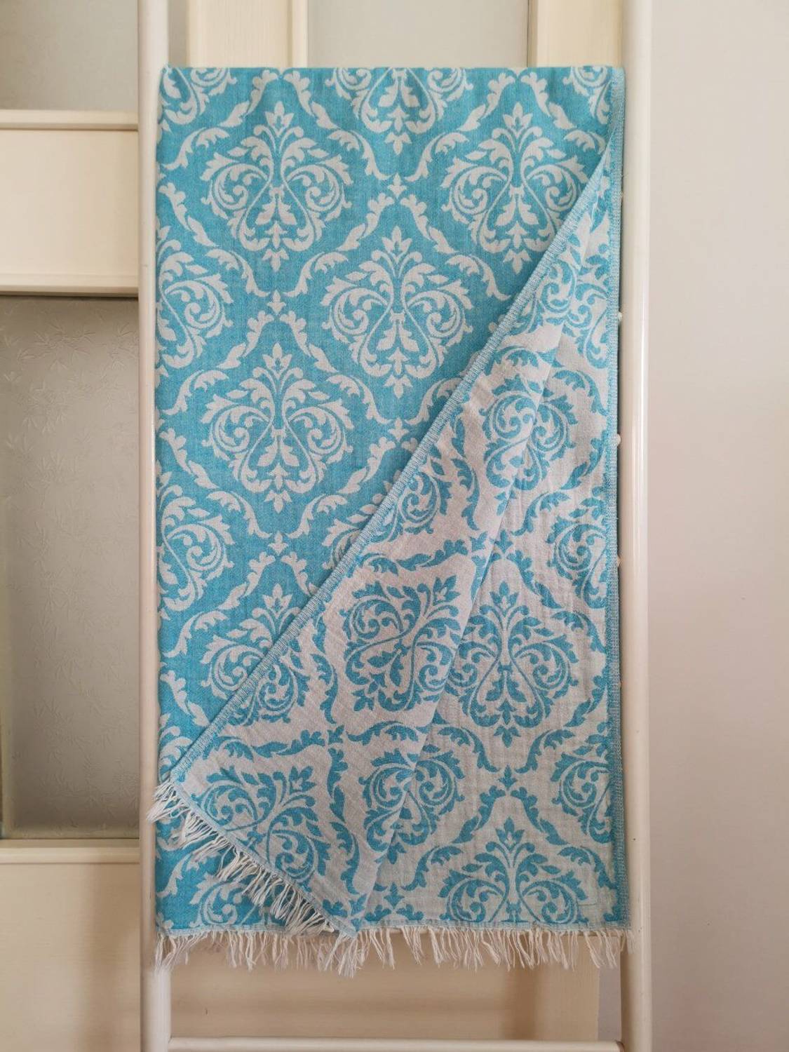 Peshtemal, Bath Towel, Beach Towel, Double Layer Damask Blue