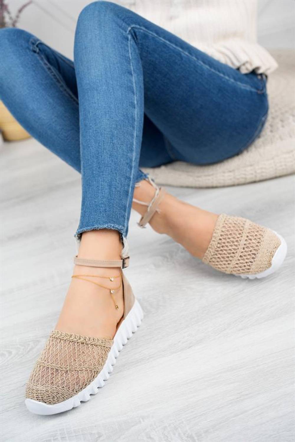 Aymood Bilek Bağcıklı Örme Babet  Nude Tekstil