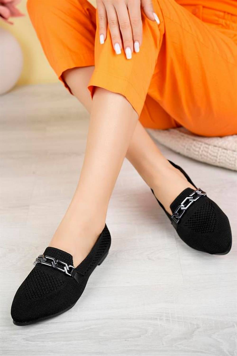 Трикотажні балетки з尖ким носиком з камінням Aymood, чорний текстиль, розміри: 36, 37, 39, 40