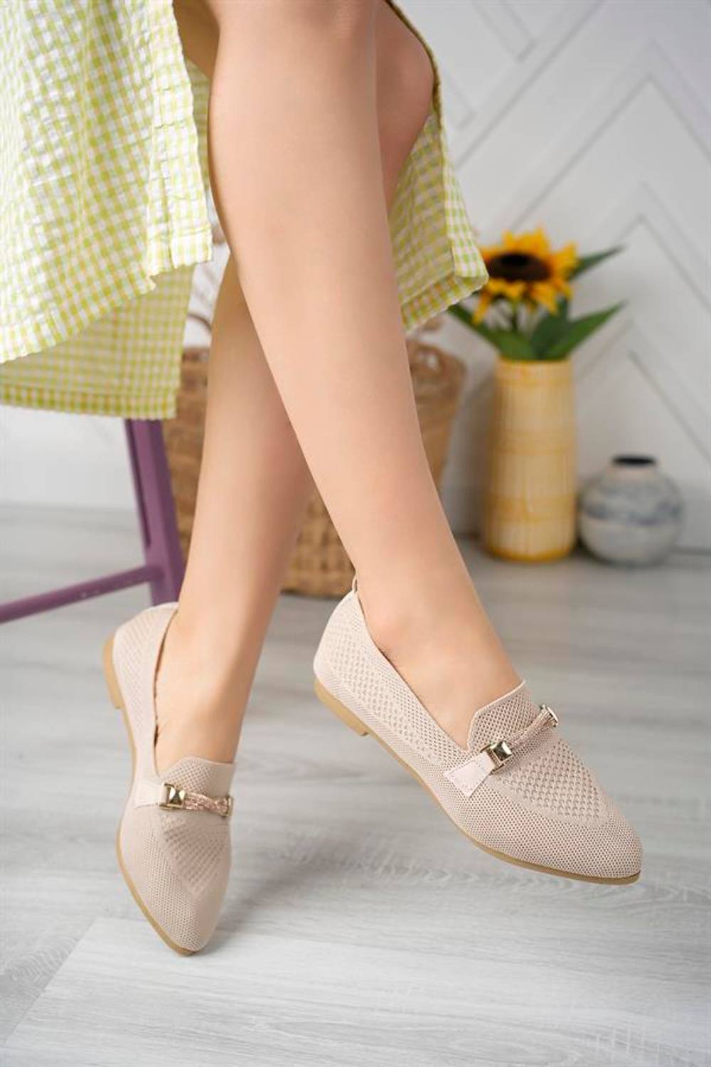 Aymood حذاء باليه محبوك بمقدمة مدببة ونسيج عاري ونسيج عاري ونسيج عاري