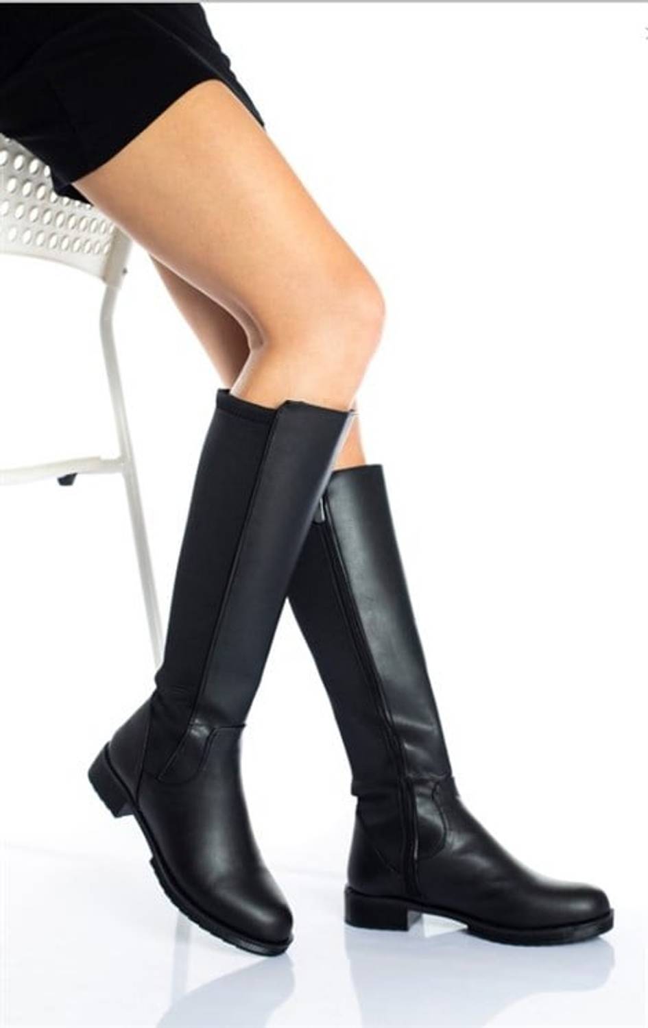 Black Winter Stylish Women's Below Knee Zippered Bellows Medium Size Half Thick Sole Daily PU Leather Boots