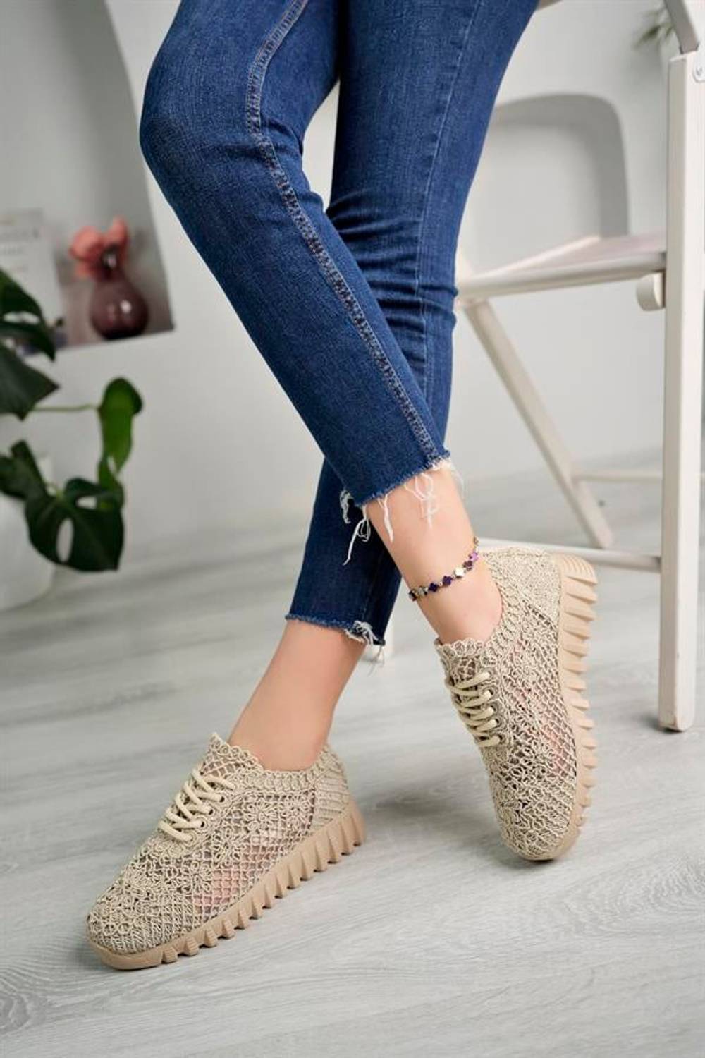 Aymood Örgü Desenli Sneakers C Nude Tekstil