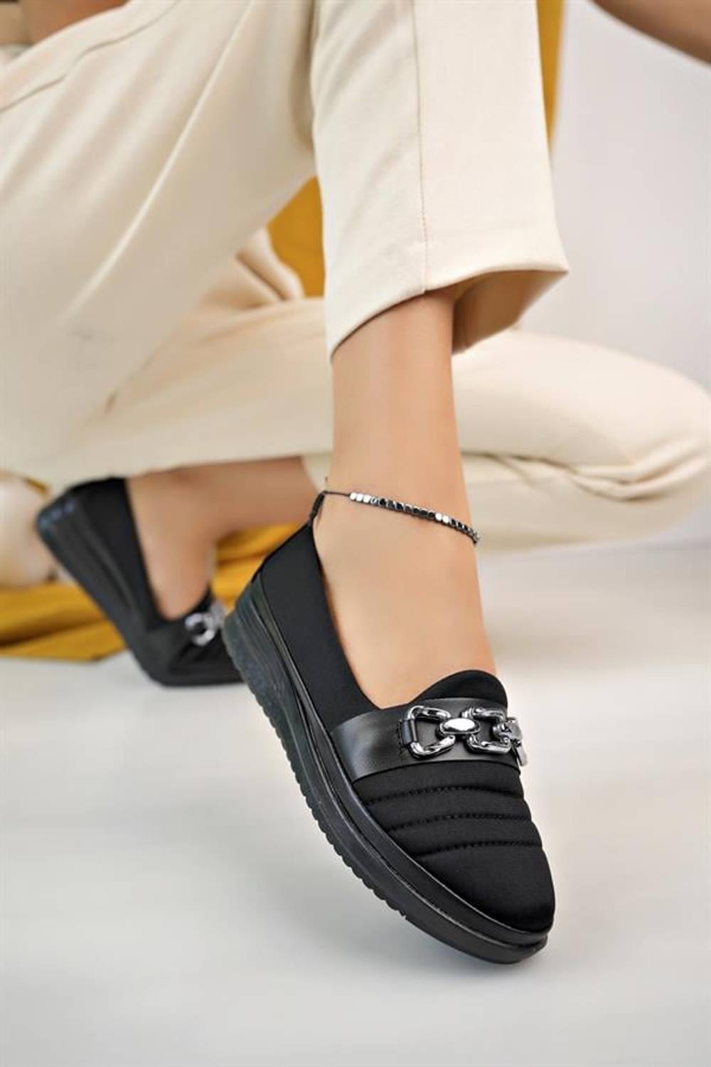 Klasik Rahat Günlük Bayan Babet Anne Ayakkabı   AB Siyah Cilt