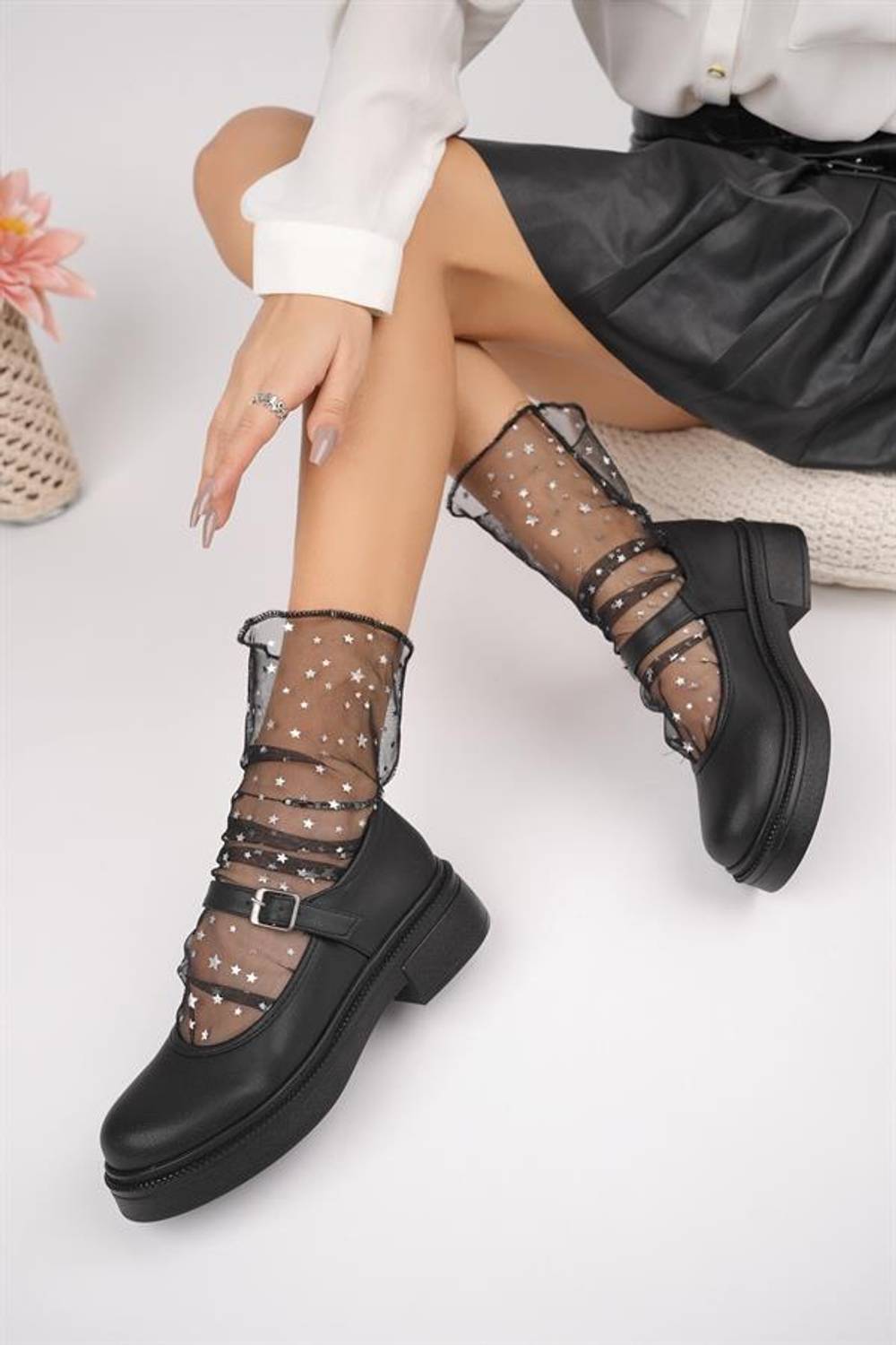 Aymood Balerin Model Kadın Ayakkabı Siyah Cilt Tek Tokalı Kadın Mary Jane Ortopedik Oxford Ayakkabı