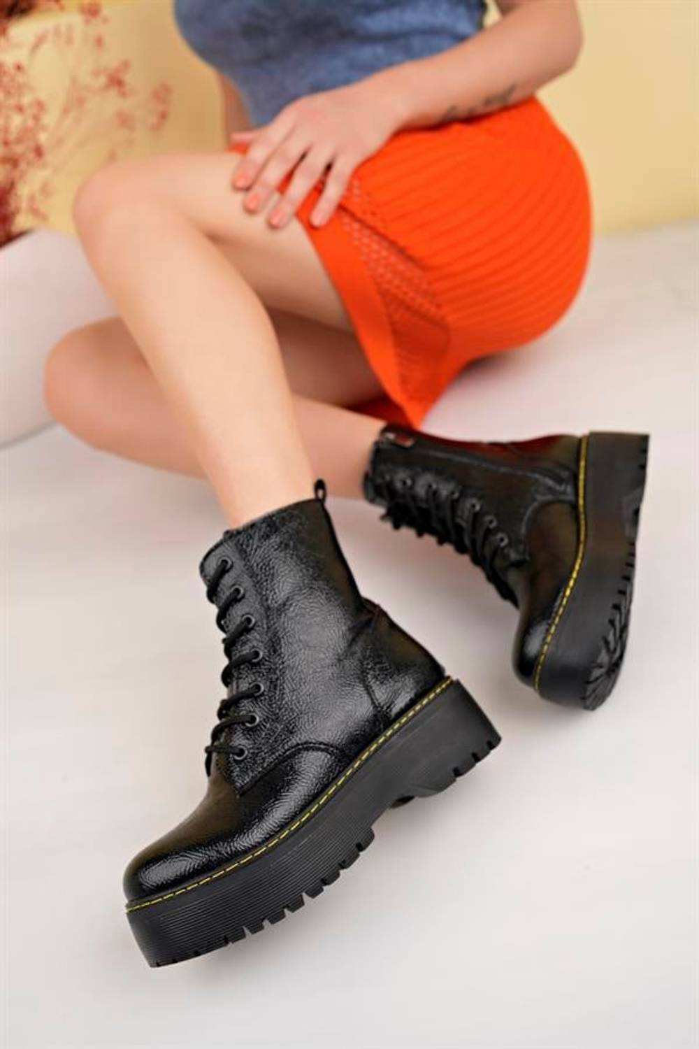 Black Patent Leather Winter Stylish Women's Lace Up Zipper Thick Soled Medium Size Half 5 Cm Heel PU B Black Patent Leather