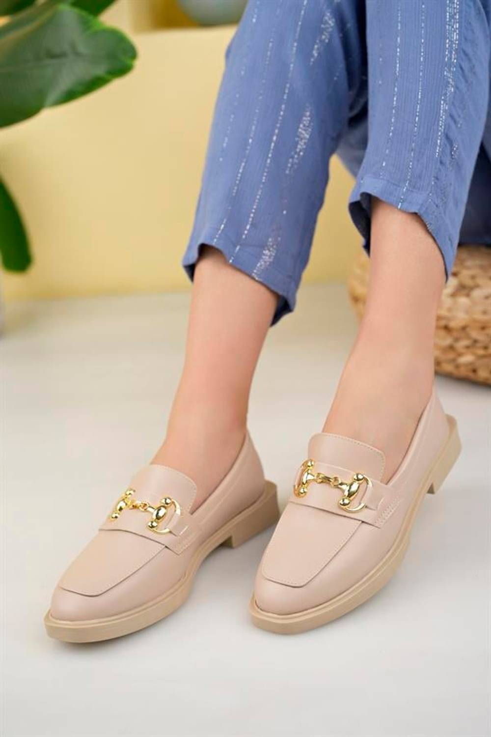 Aymood Gc Kadın Nude Cilt Tokalı Kalın Taban PU Deri Günlük Klasik Topuklu Loafer Makosen Ayakkabı