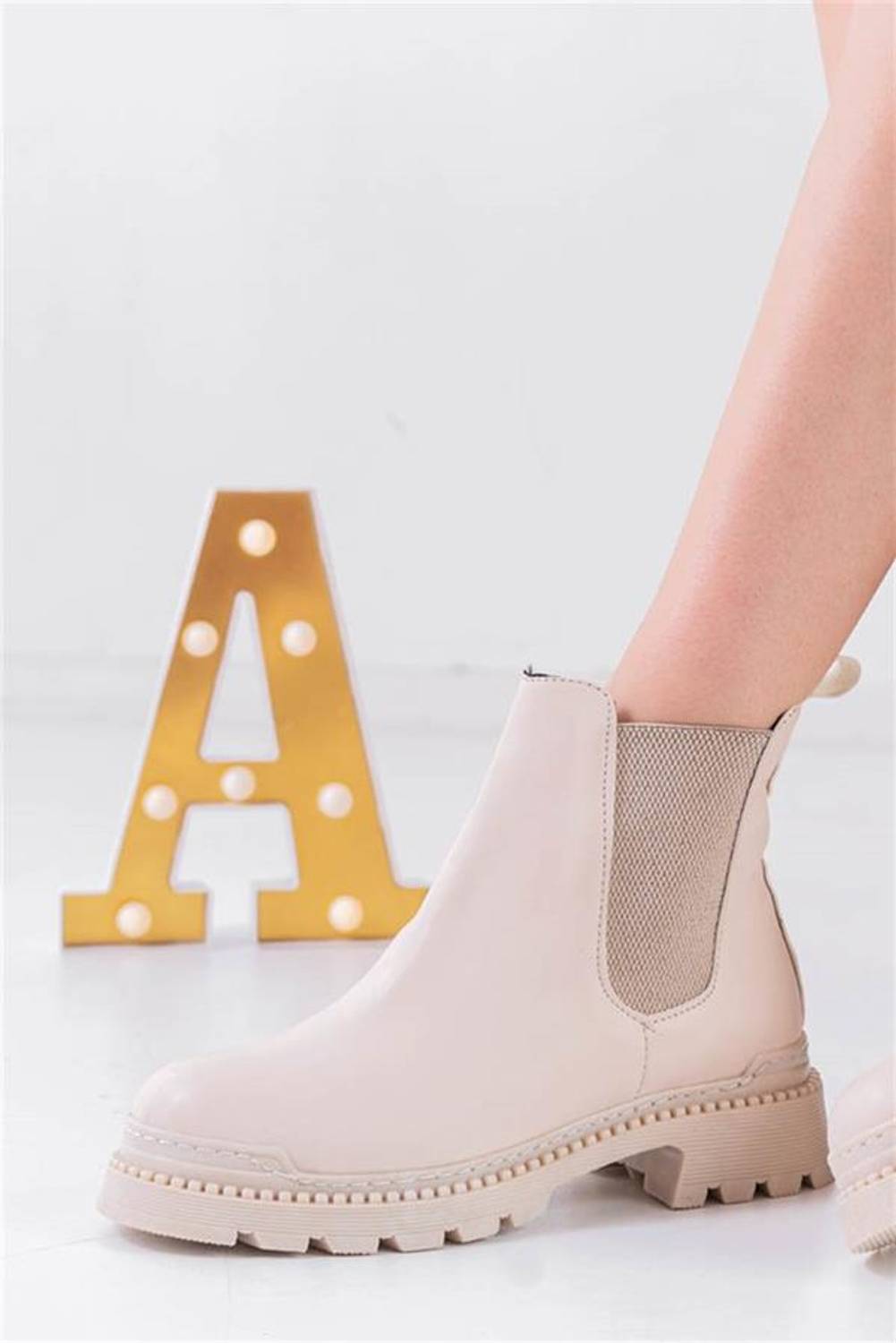 Aymood Women's Elastic Boots PU Leather Nude Skin Side Elastic Daily Boots&Booty 4 Cm Heel